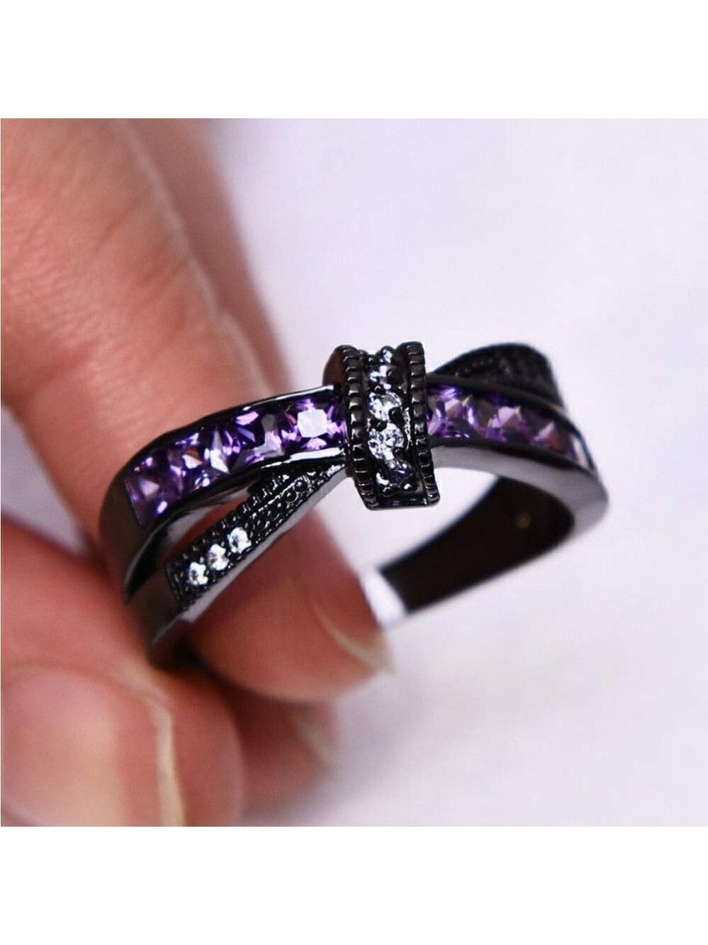 Gothic Amethyst Bowknot Ring Black Stainless Steel Rare and Unique Black Ring